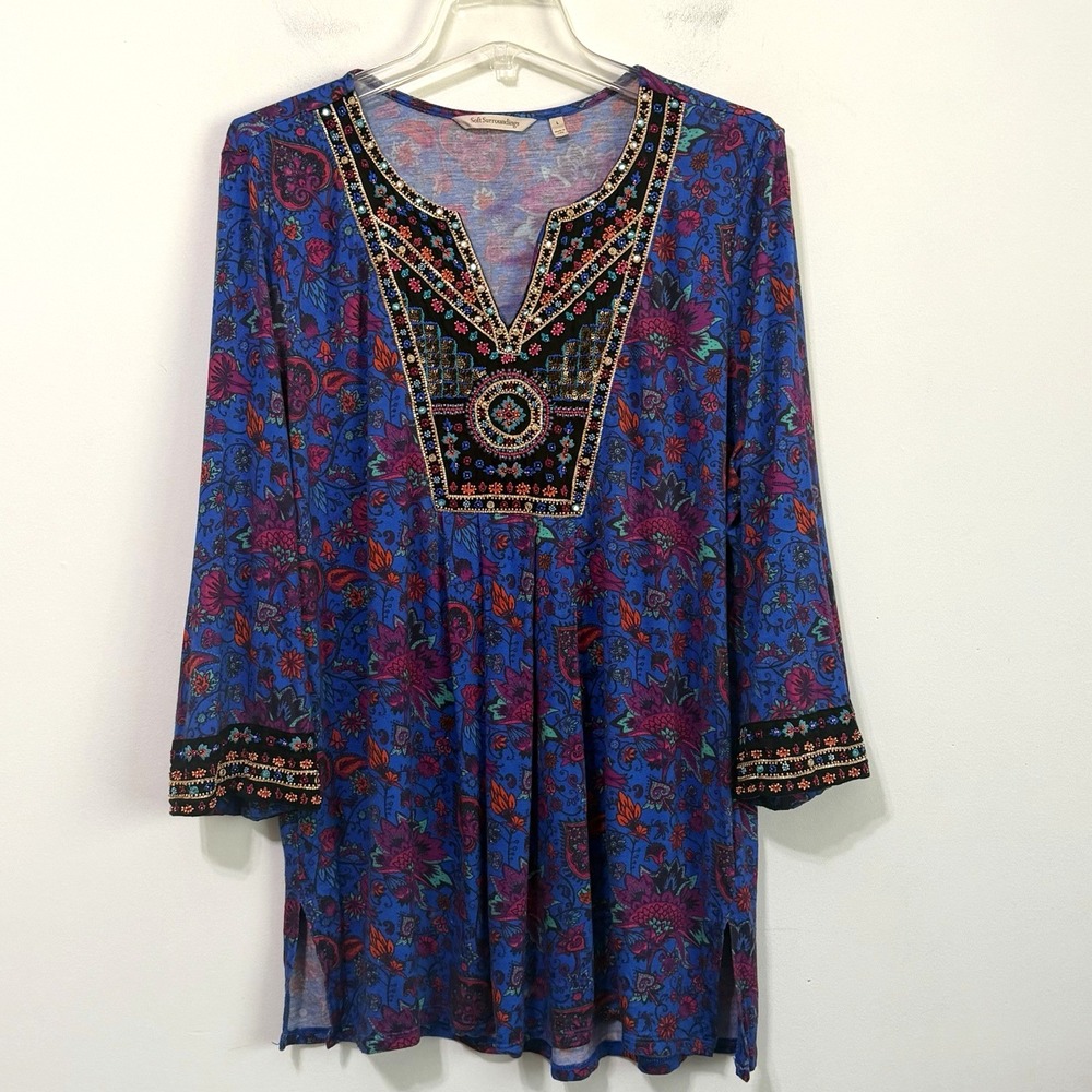 Soft Surroundings Tamuri Tunic L Blue Floral Beaded 3/4 Sleeve Boho Art 2EJ62